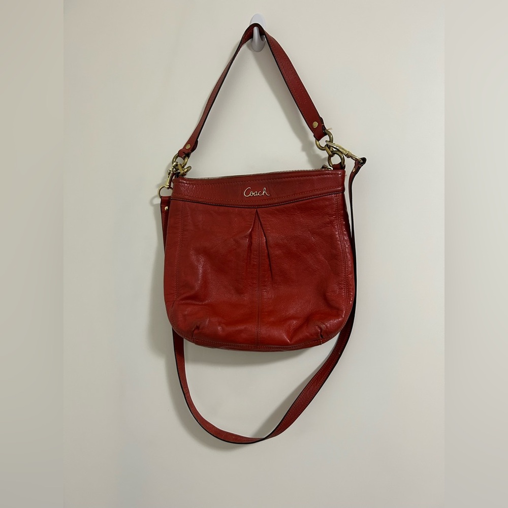 Coach Ashley Leather Shoulder Hobo Bag Zipper Strap Logo Red Gold F20114 Orange